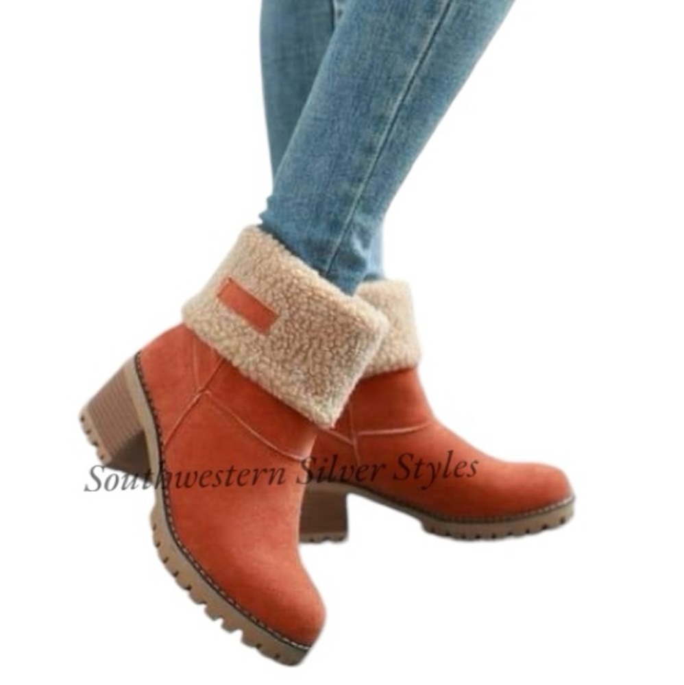 NEW Vegan Suede Leather Women’s Size 10 Burnt Orange Chunky Heel Winter Boots
